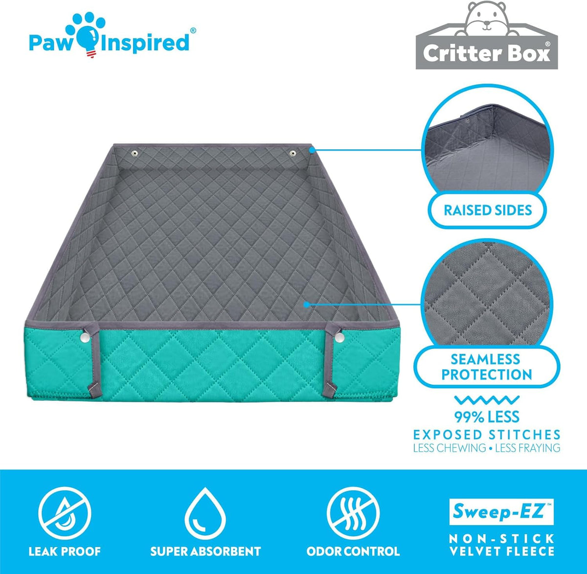 Paw Inspired Critter Box Washable Cage Liner, Reversible Fleece Bedding with Raised Sides for