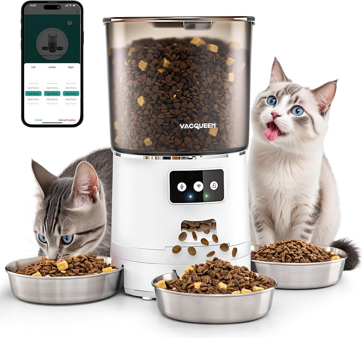 Automatic Cat Feeder for 3 Cats, 6L/25 Cups Smart WiFi Pet Feeder, Strong Anti-Jam System