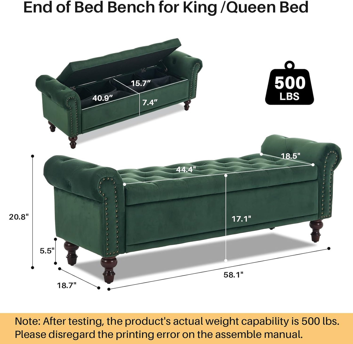 58.1'' Storage Bench Upholstered Velvet End of Bedroom Bed Bench Ottoman with Tufted Cushioned
