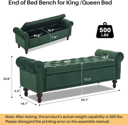 58.1'' Storage Bench Upholstered Velvet End of Bedroom Bed Bench Ottoman with Tufted Cushioned
