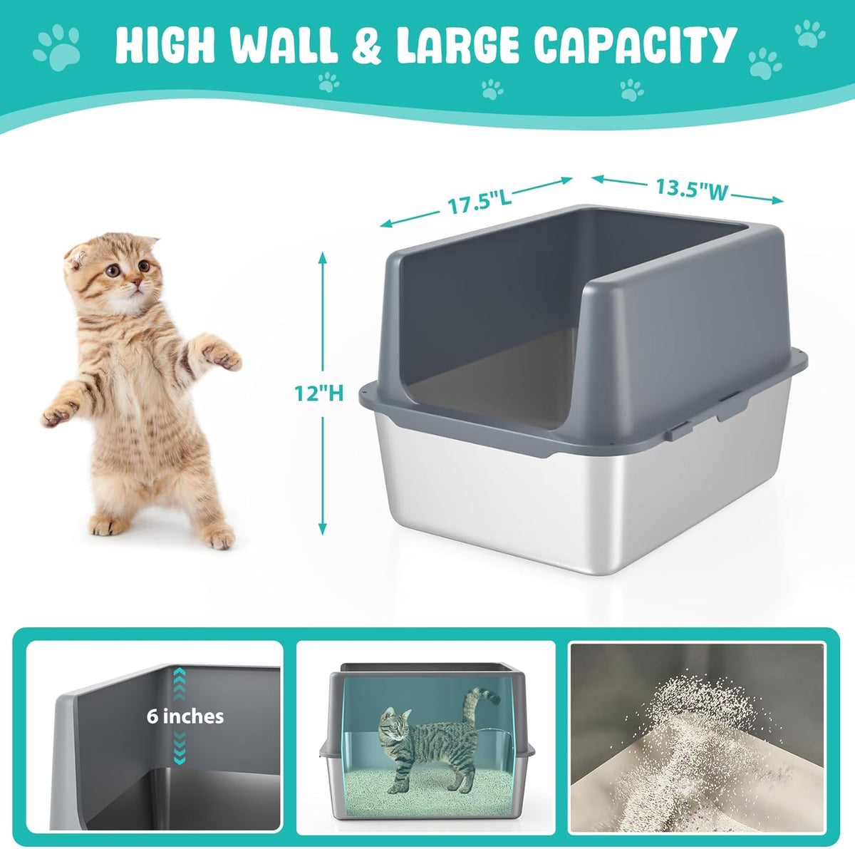 Litter Box with Lid, Stainless Steel Litter Box, 12" Metal Litter Pan High Sides, Small Litter Tray
