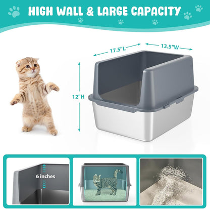 Litter Box with Lid, Stainless Steel Litter Box, 12" Metal Litter Pan High Sides, Small Litter Tray