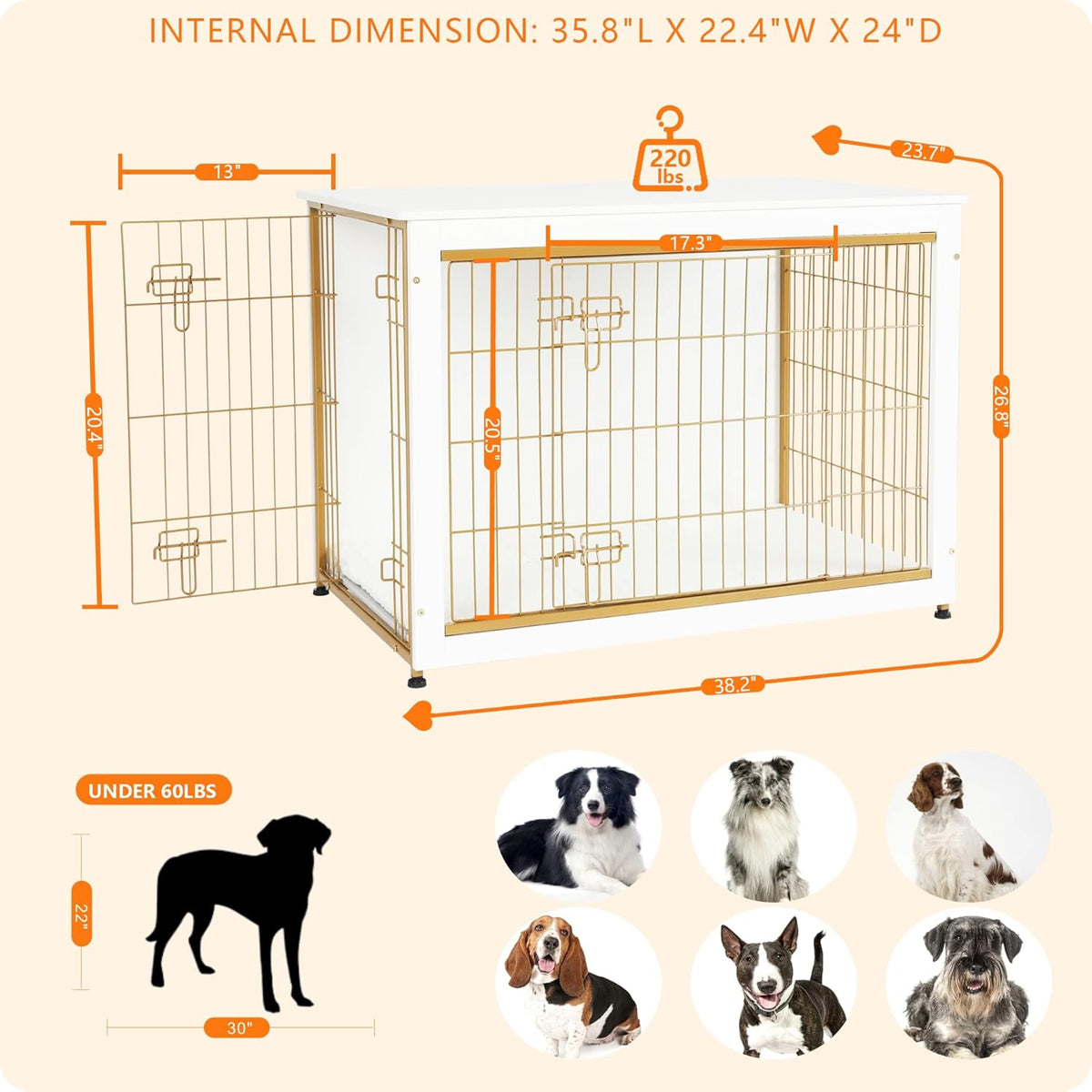 DWANTON Dog Crate Furniture with Cushion, Wooden Kennel Table with Double Doors, Indoor Dog House