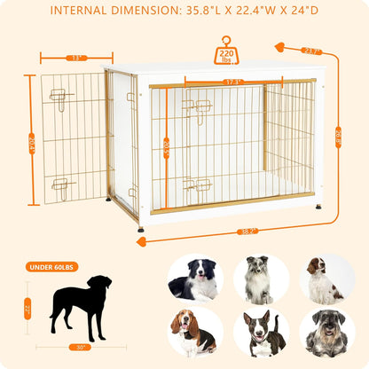 DWANTON Dog Crate Furniture with Cushion, Wooden Kennel Table with Double Doors, Indoor Dog House