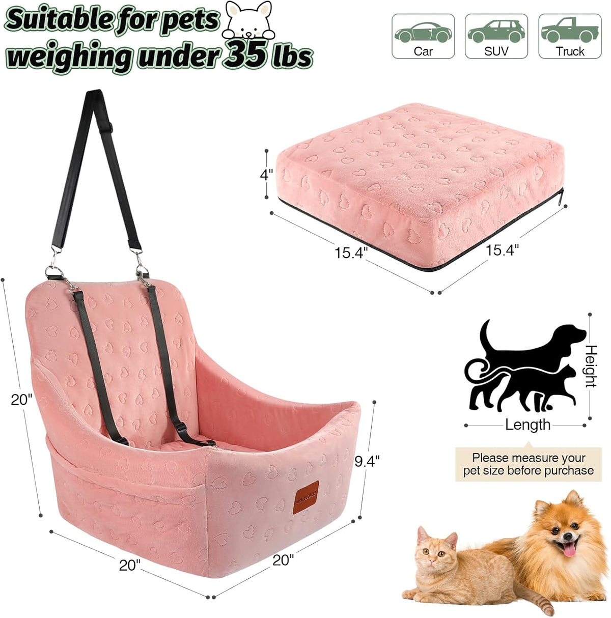 Dog Car Seat for Medium Dogs, Pet Travel Bed with Seat Belt Channel, Fully Detachable and Washable
