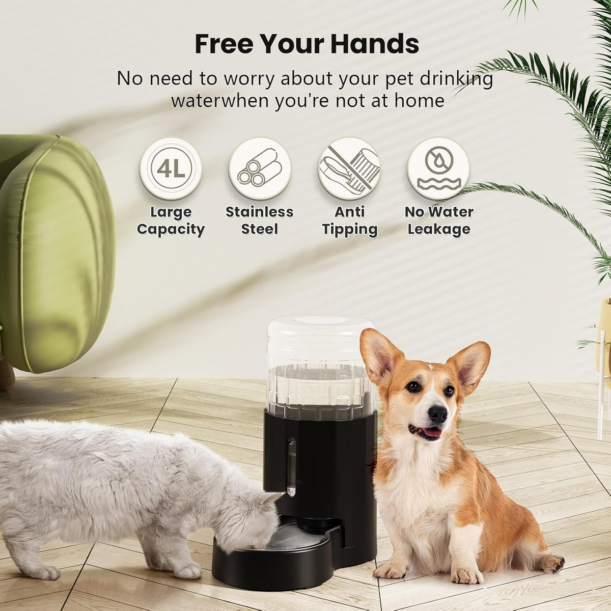 CZPET Automatic 4L/1Gal/135Oz Cat Water Dispenser with Stainless Steel Bowl, Gravity Waterer for