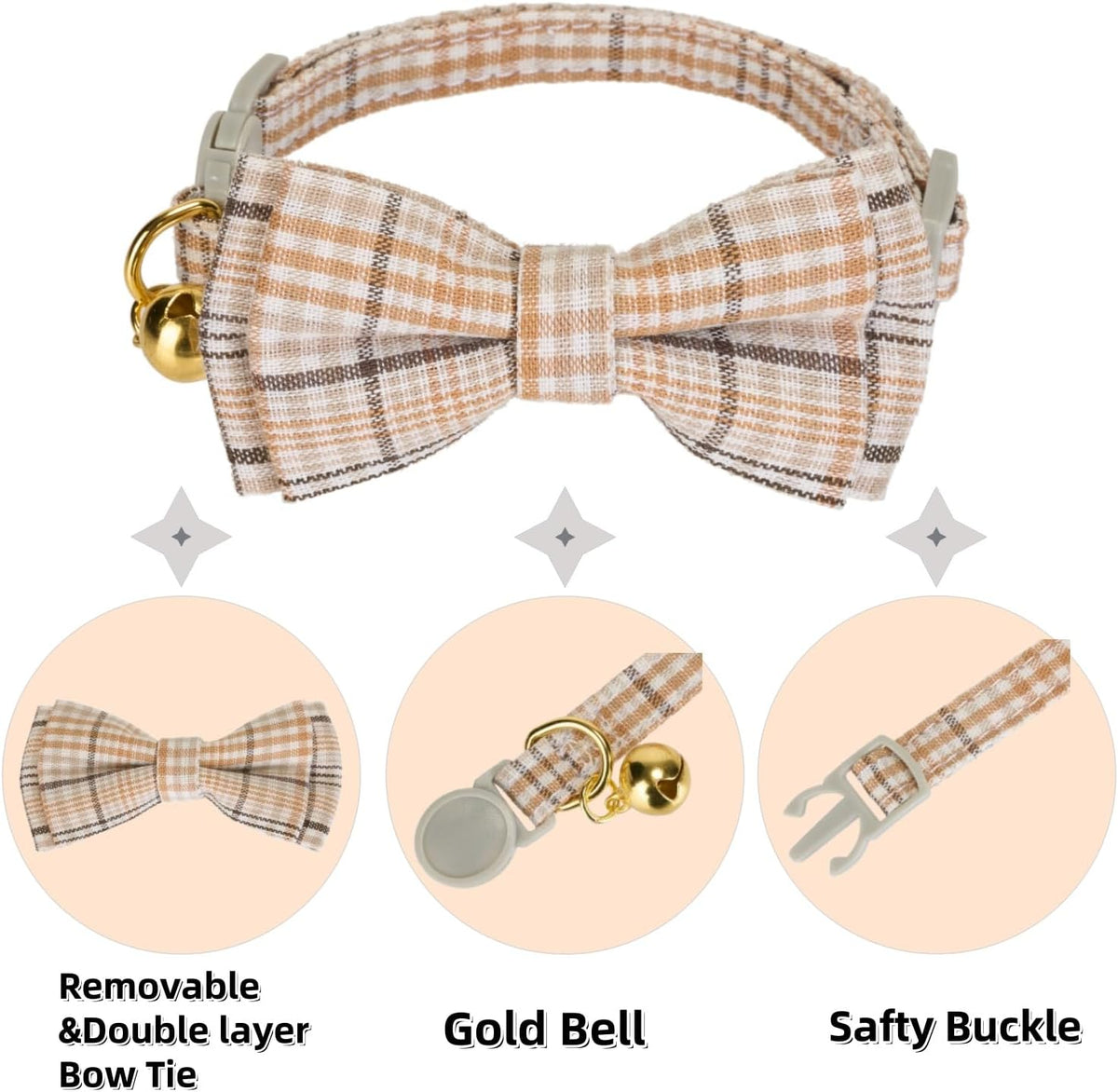 2 Pack Soft Cotton Cat Collars with Bowtie and Bell Breakaway Plaid Cat Kitten Collar(Beige and