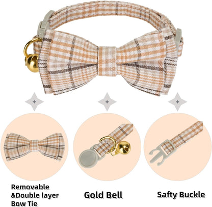 2 Pack Soft Cotton Cat Collars with Bowtie and Bell Breakaway Plaid Cat Kitten Collar(Beige and