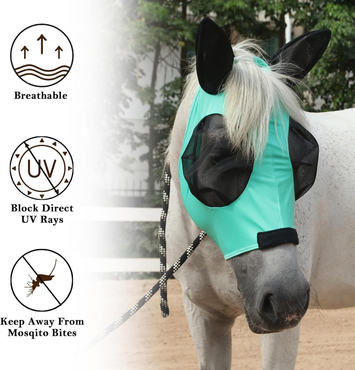 Horse Fly Mask with Ears - Large Eye Space for Full Vision, Breathable Stretch Comfort Fit, UV