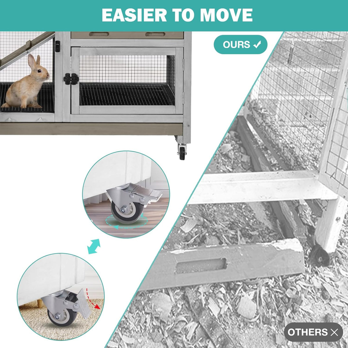 Rabbit Hutch Indoor for 2-4 Rabbits & Guinea Pigs，Bunny Cage with Slide-Out Plastic Trays，Wooden