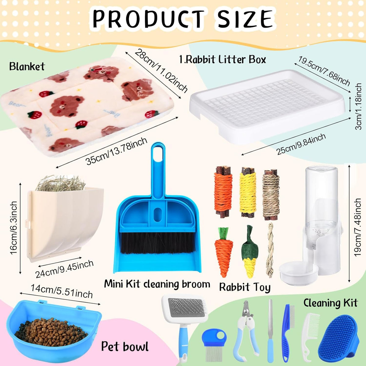 19 Pcs Rabbit Starter Kit Small Bunny Litter Box Animal Grooming Kit Water Bottle Bunny Toys Hay
