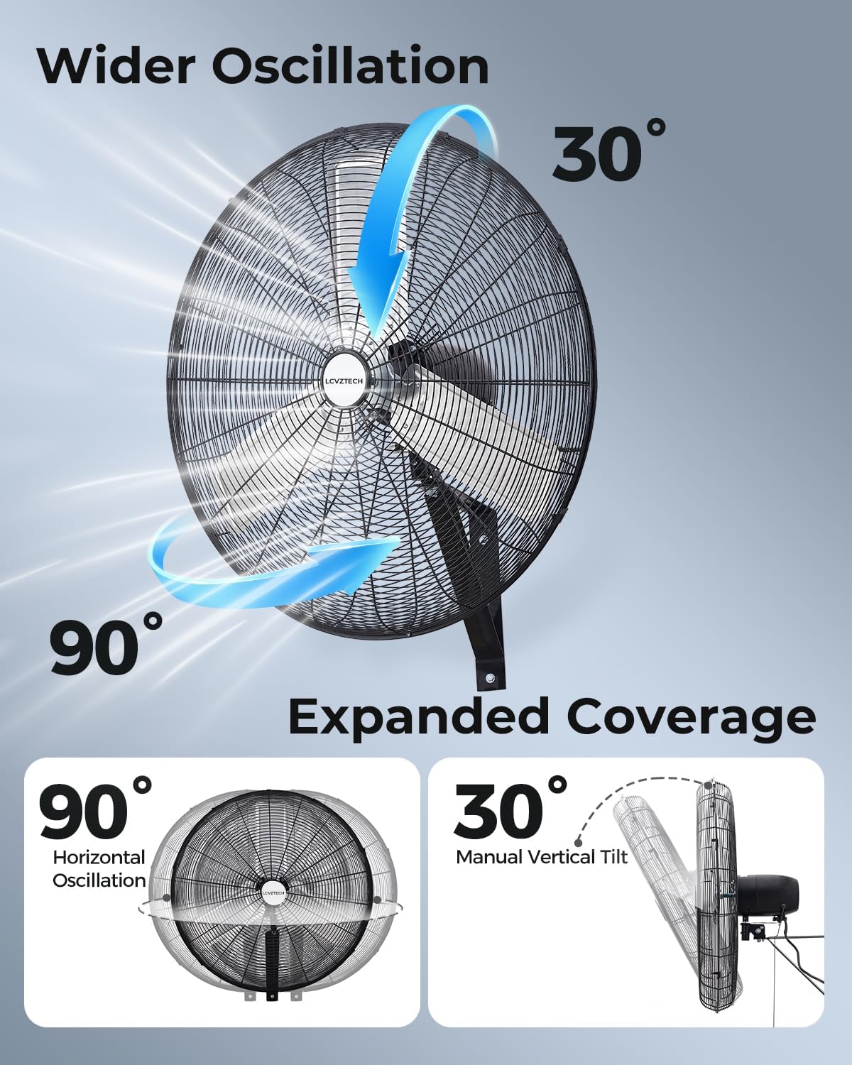 30 inch Wall Mount Fan Oscillating, 3-Speed 8850 CFM High Velocity Industrial Wall Mounted Fan