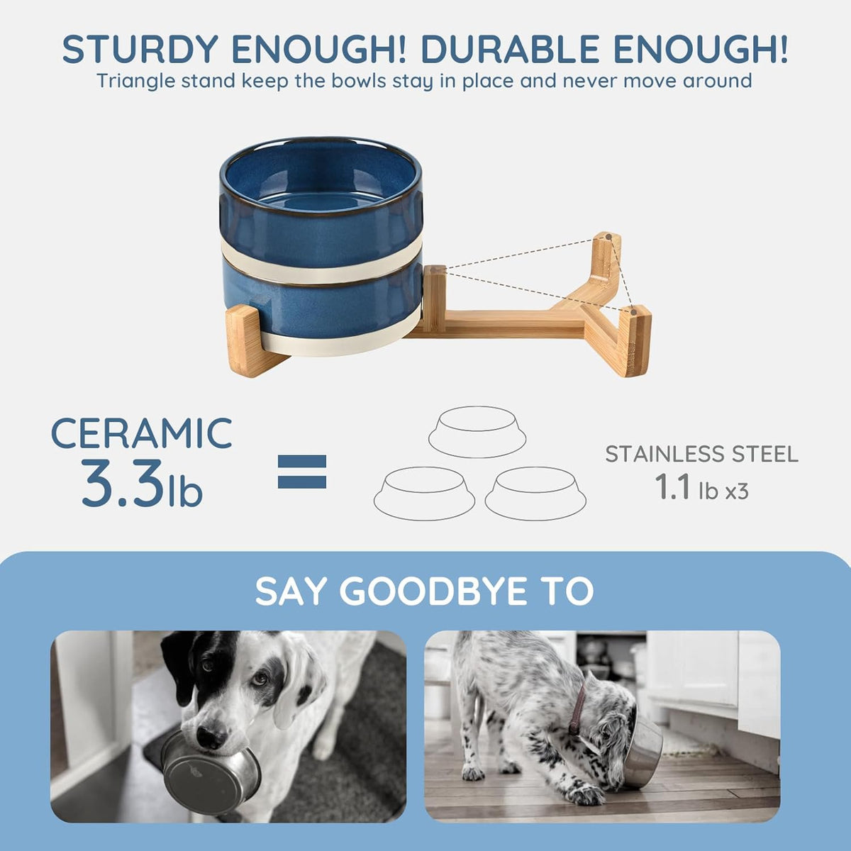 SPUNKYJUNKY Ceramic Dog and Cat Bowl Set with Wooden Stand, Modern Cute Weighted Food Water Bowl