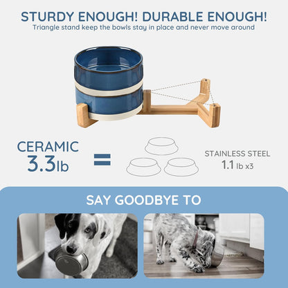 SPUNKYJUNKY Ceramic Dog and Cat Bowl Set with Wooden Stand, Modern Cute Weighted Food Water Bowl