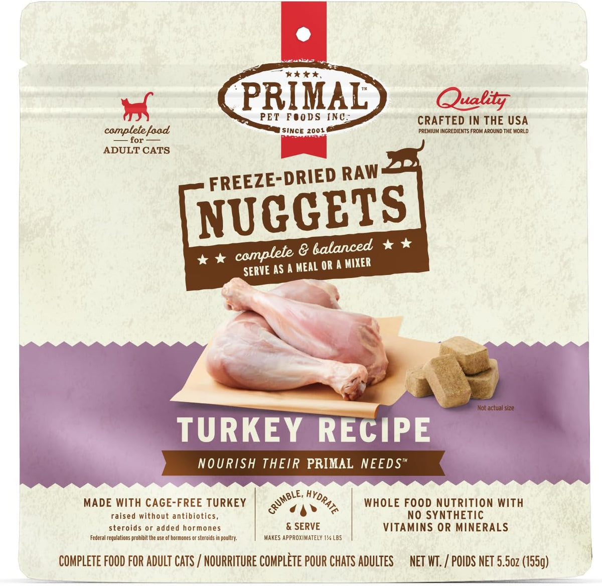 Primal Freeze Dried Raw Cat Food Nuggets Turkey, Complete & Balanced Meal or Topper, Premium