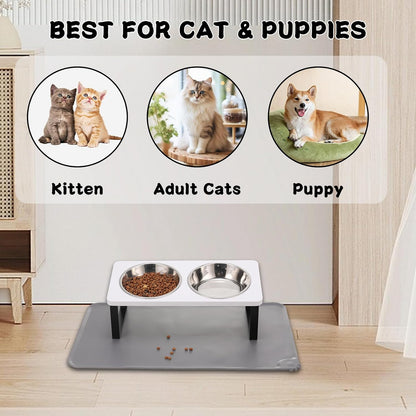 Upgraded Elevated Cat Bowls with Food Mat,15°Tilted Stand Anti Vomiting Raised Cat Dishes for Food