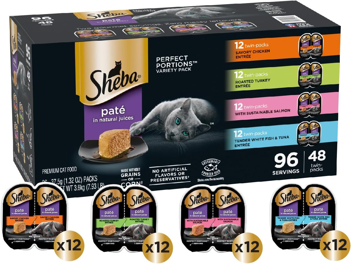 Sheba Perfect Portions Wet Cat Food Pate Savory Chicken, Roasted Turkey, with Sustainable Salmon