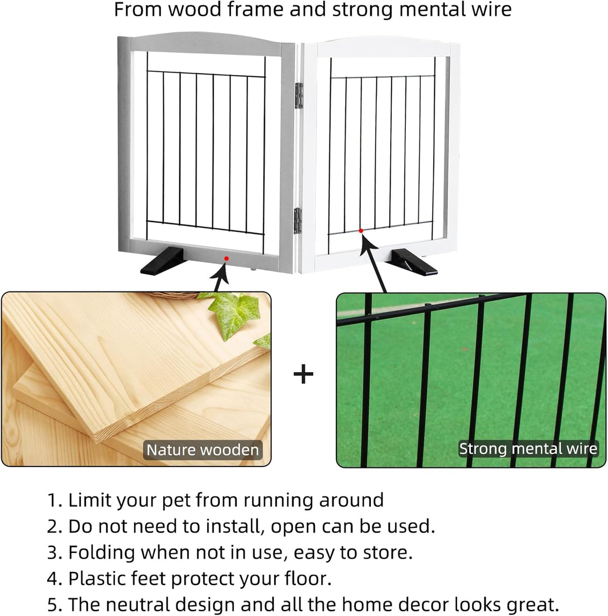 ZJSF Freestanding Dog Fence Indoor, Foldable Dog Gate for Doorways, Stairs or Hallways, Sturdy Wood