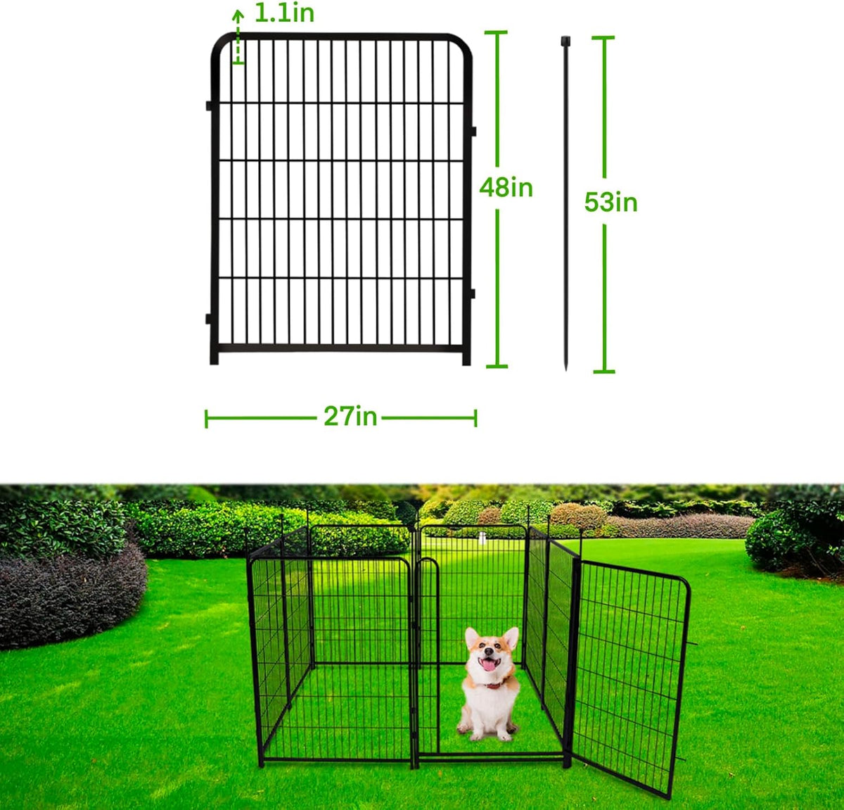 Garden Fencing 48in High No Door, 12 Panels Total 26.6Ft(L) Dog Fence Outdoor for Yard. Black Metal