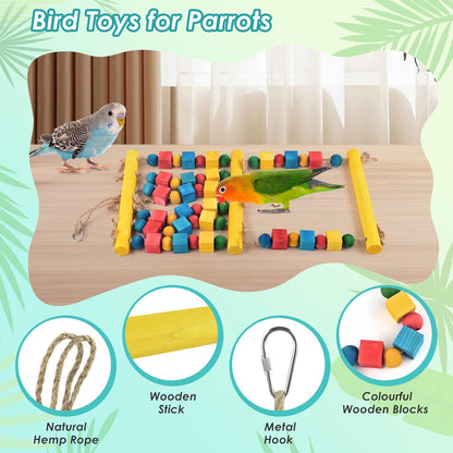 Bird Swing, Parrot Chew Toy with Wooden Perches Stand, Hanging Colorful Wood Block Bird Cage