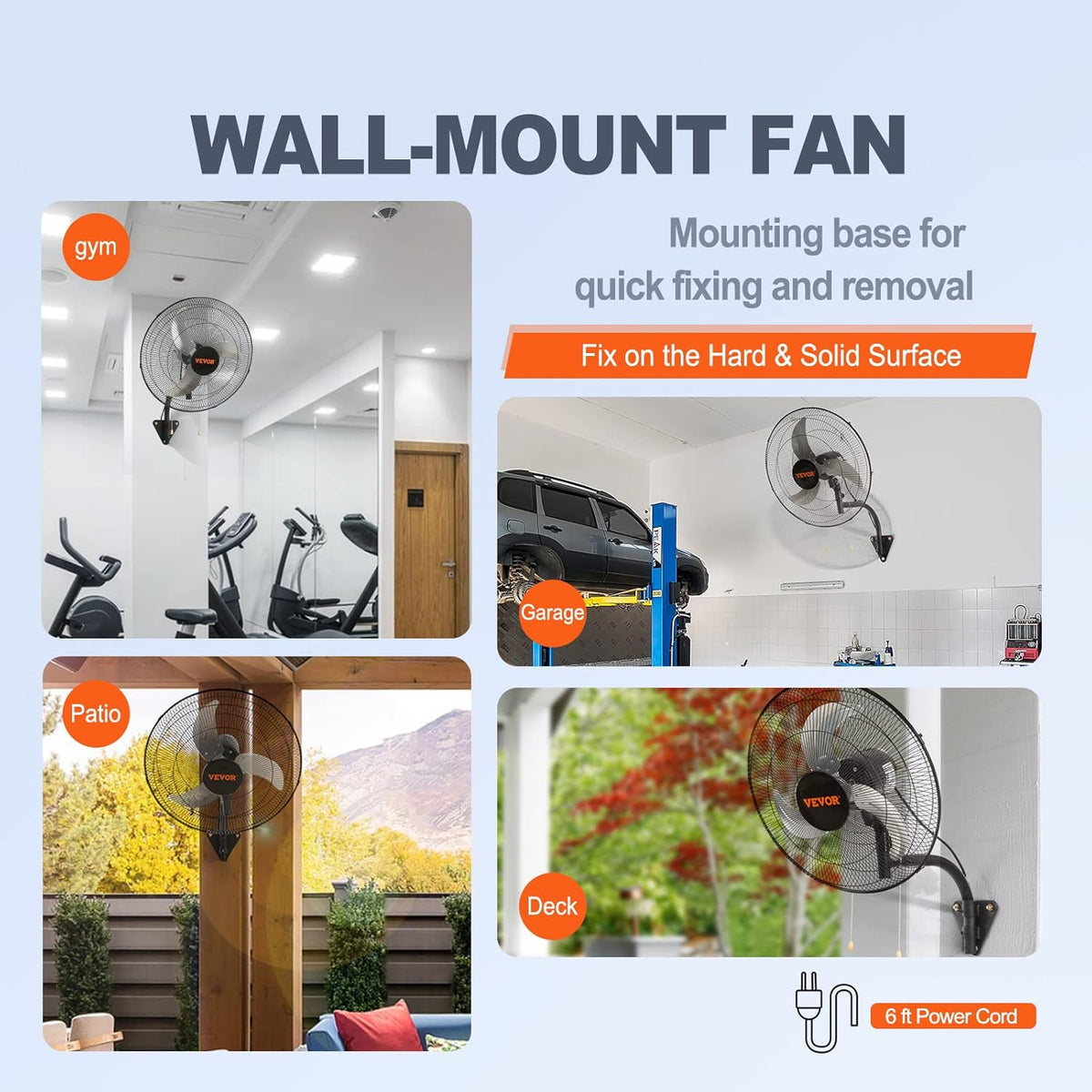 VEVOR 20 inch Wall Mount Fan Oscillating, 3-speed High Velocity Max. 4650 CFM Industrial Wall Fan