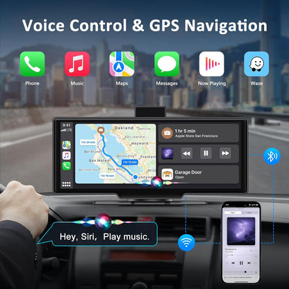 Apple carplay & Android Auto,Wireless Double din 10.26 inch Dash Cam with Front Camera and Backup