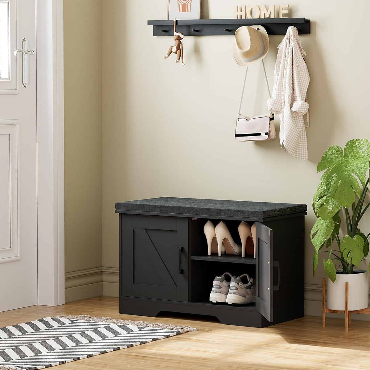 2-Tier Storage Bench, Shoe Bench with Padded Seat Cushion, Entryway Bench with 2 Barn Doors