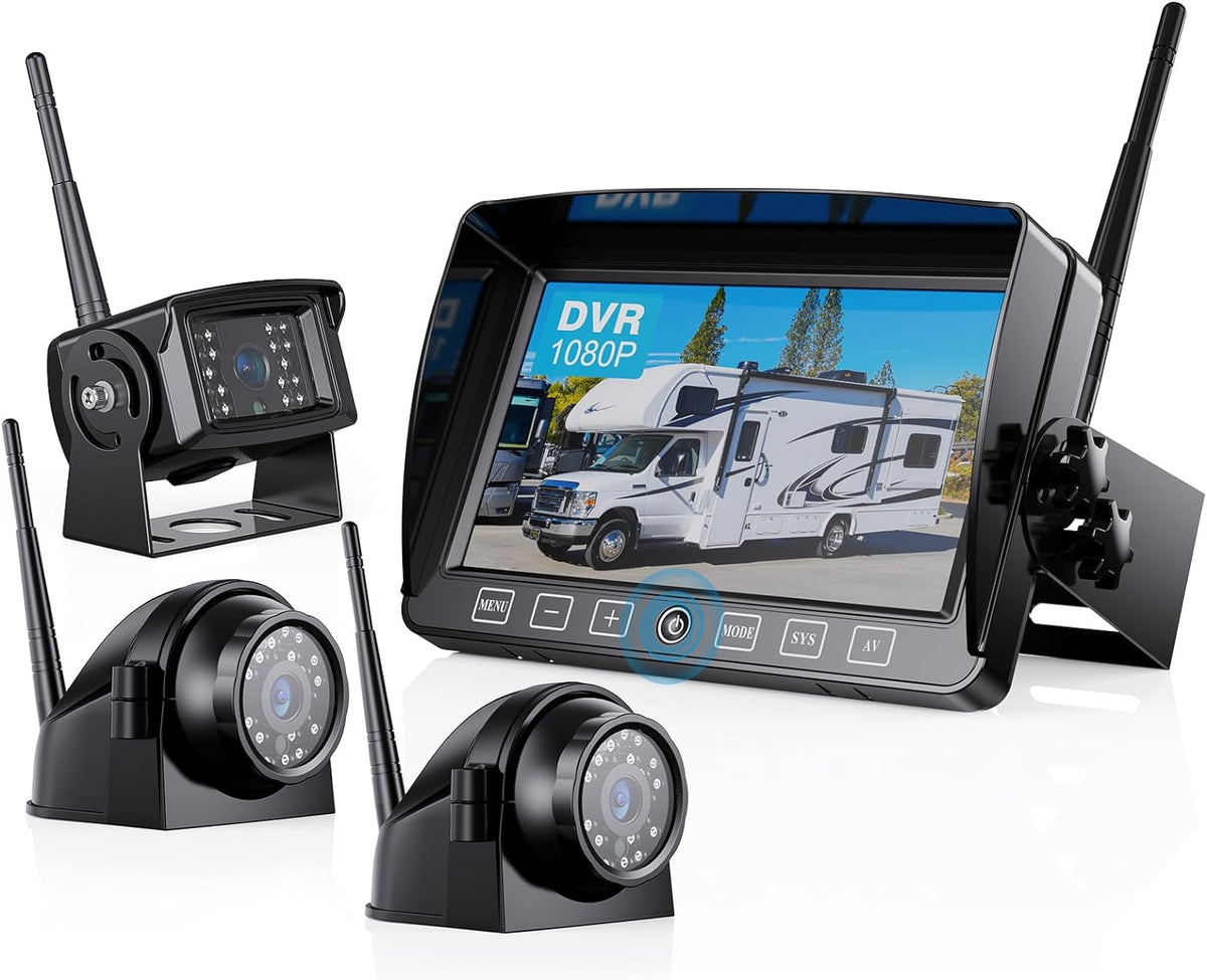 Wireless Backup Camera with 7 Inch DVR Quad Split Monitor for RV Trailer Truck, Digital Signal HD