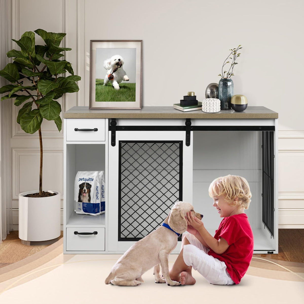 Large Dog Crate, Dog Crates for Medium Dogs, 47.2" Dog Kennel Indoor with Drawers, Feeder Bowls and