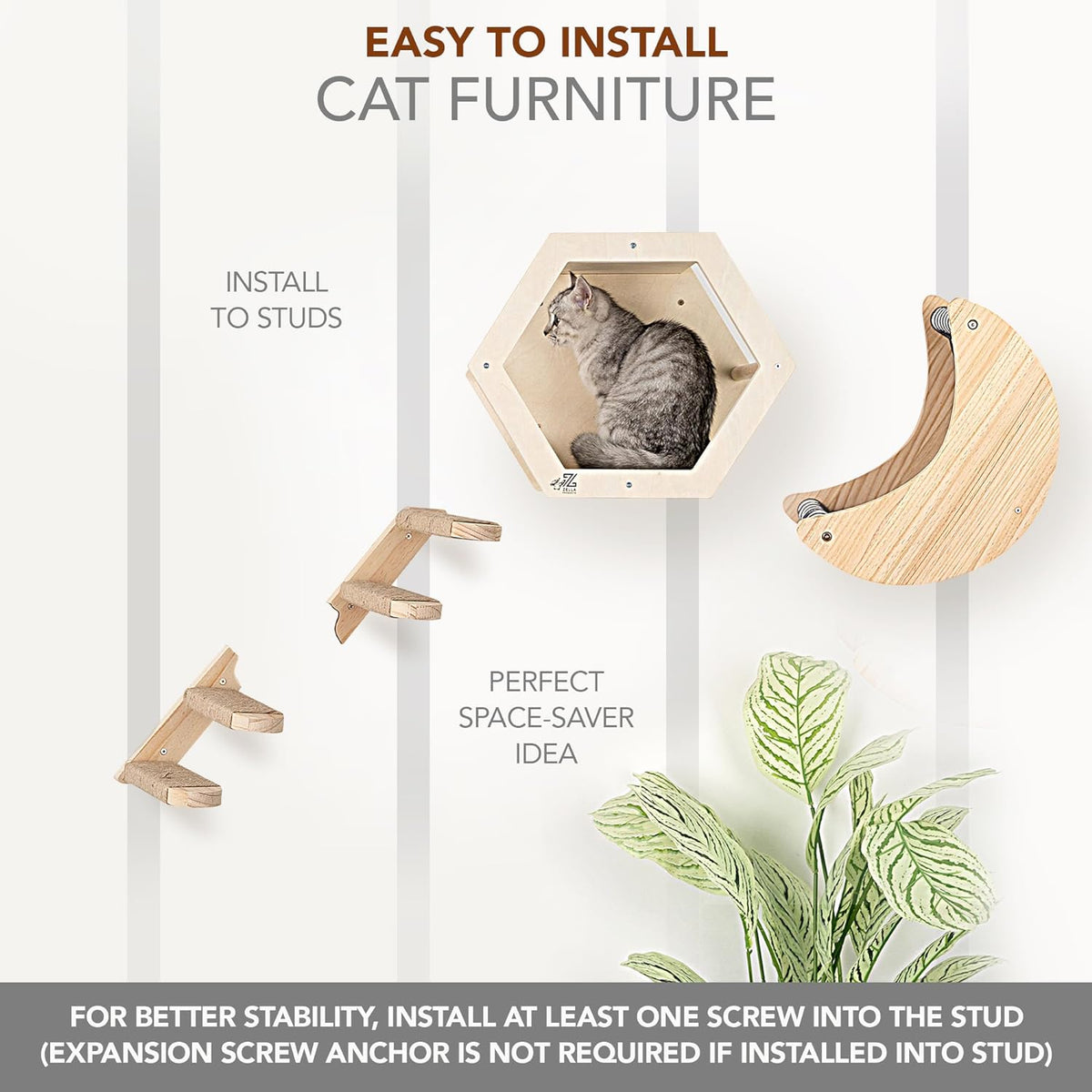 3-Piece Cat Wall Furniture Set - Hammock, Hexagon House, Climbing Steps - Wall Mounted Shelves