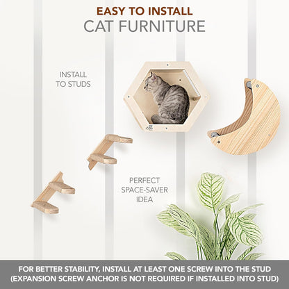 3-Piece Cat Wall Furniture Set - Hammock, Hexagon House, Climbing Steps - Wall Mounted Shelves