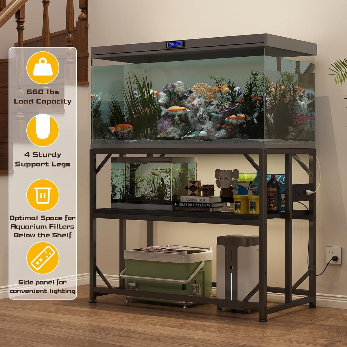 Sturdy Metal Aquarium Stand with Power Outlets, Adjustable Storage Cabinet - 660LBS Capacity, Black