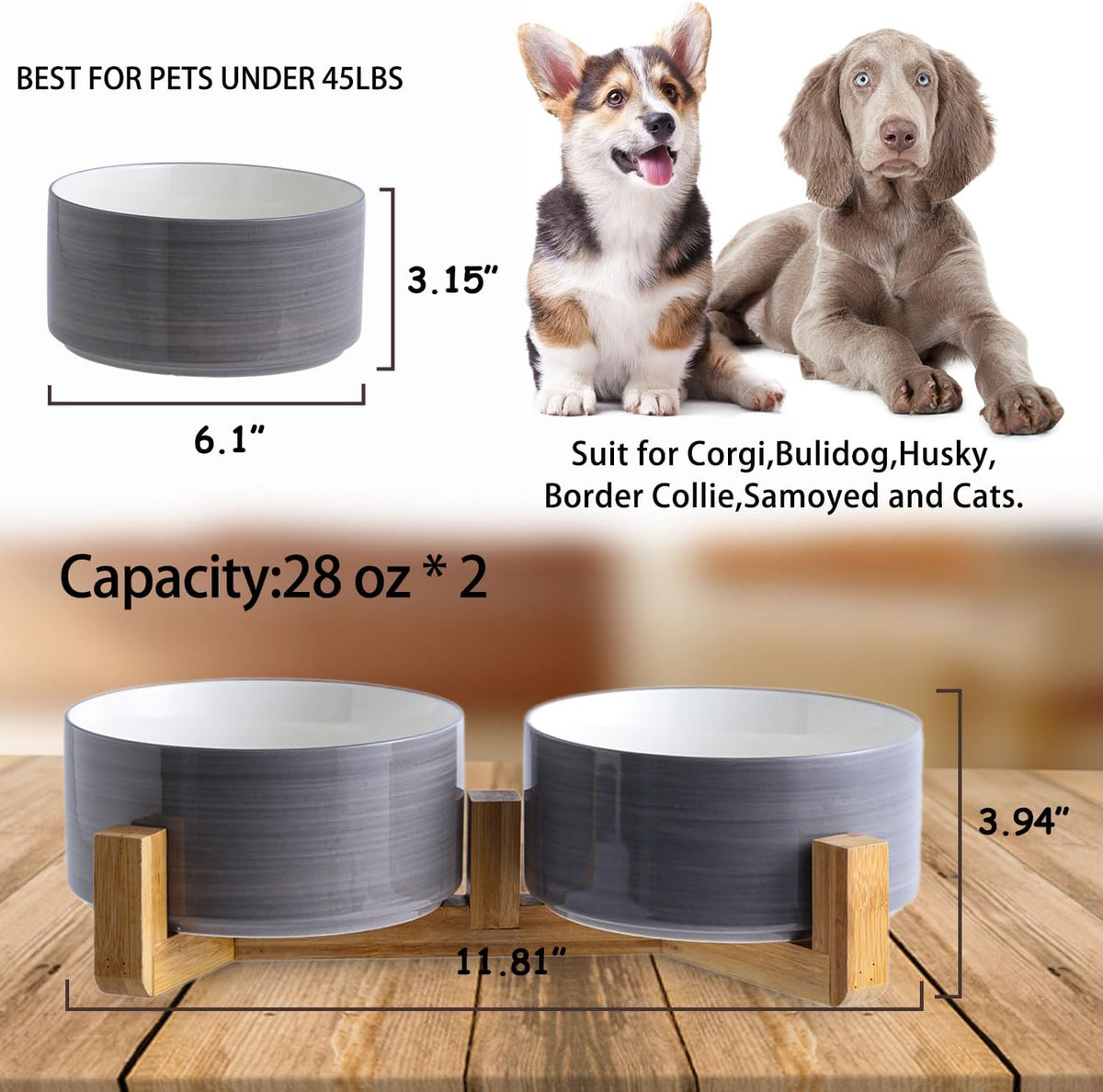 Petygooing Dog Bowls,Ceramic Cat Dog Bowl Set with Wood Stand for Food and Water,Non-Slip Weighted