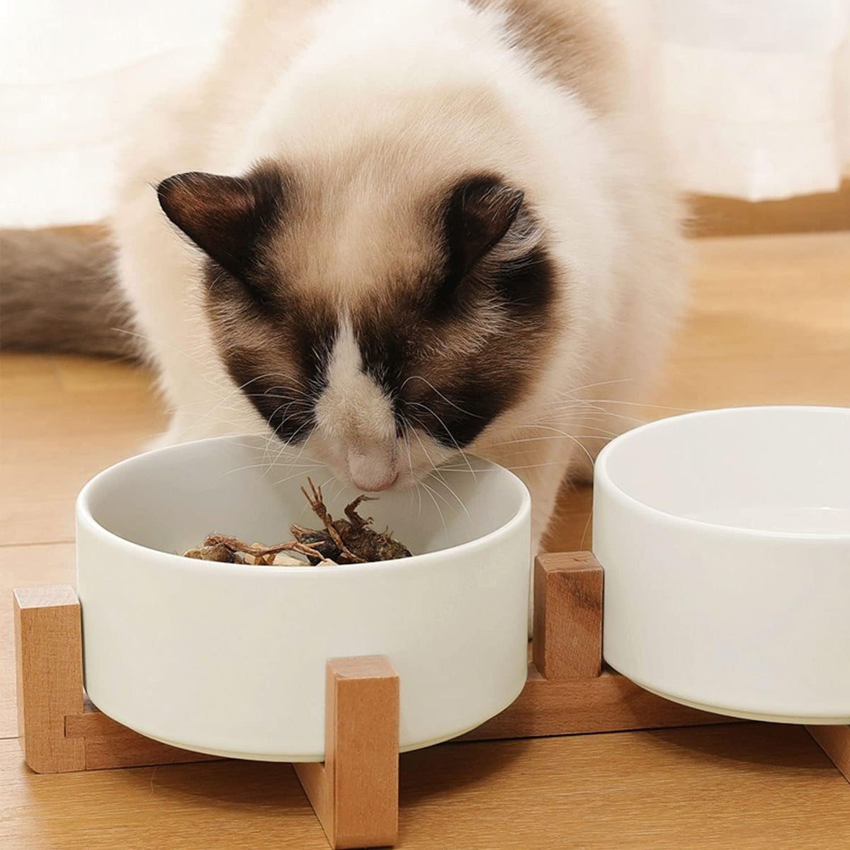 Petygooing Dog Bowls,White Ceramic Cat Dog Bowl Set with Wood Stand for Food and Water Feeder