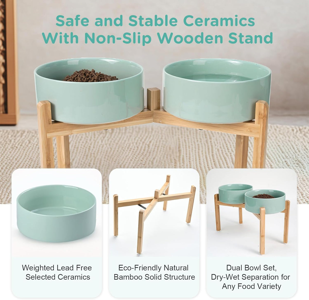 SPUNKYJUNKY Elevated Dog Bowls Ceramic, 8.3'' Dogs Food Water Bowls Raised with Non-Slip Bamboo