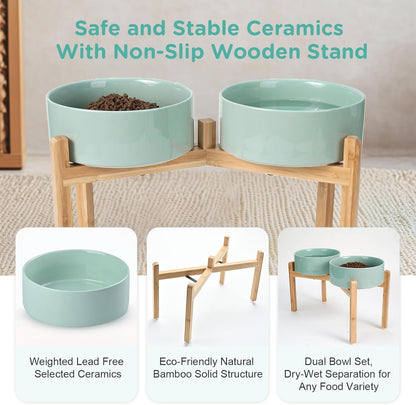 SPUNKYJUNKY Elevated Dog Bowls Ceramic, 8.3'' Dogs Food Water Bowls Raised with Non-Slip Bamboo