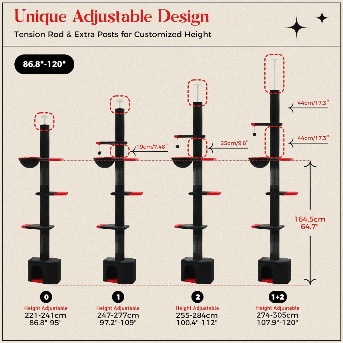 PAWZ Road Gothic Cat Tree, Floor to Ceiling Cat Tower with Adjustable Height (86.8-120 Inches), 5