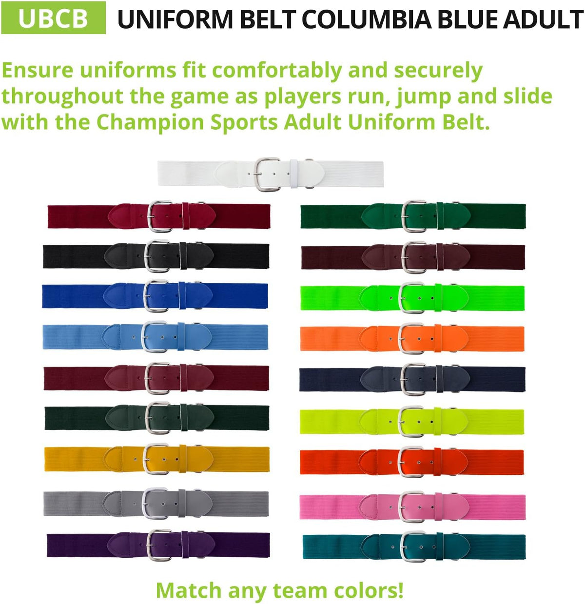 Champion Sports Baseball/Softball Uniform Belt, Comfort Stretch Fit Durable Syntex Tab - Youth &