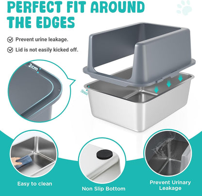 Litter Box with Lid, Stainless Steel Litter Box, 12" Metal Litter Pan High Sides, Small Litter Tray