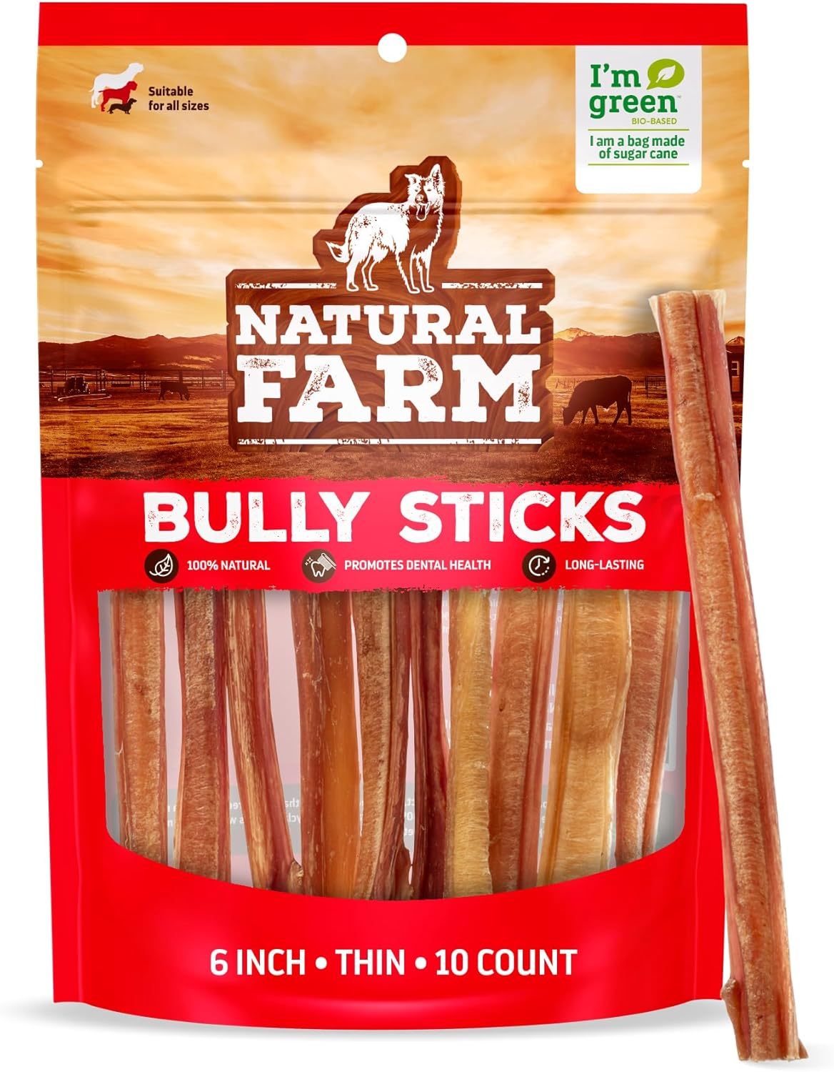 Natural Farm Odor-Free Thin Bully Sticks (6”, 10-Pack) All-Natural Long-Lasting Dog Chews, 100%