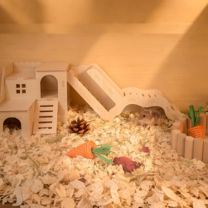 Multi-Chamber Hamster Hideout & House, Natural Wood Small Animal Cage Accessories for Dwarf