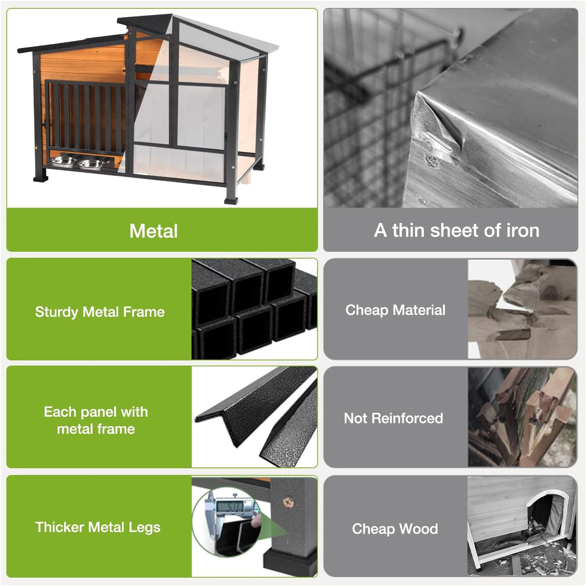 Dog House Outdoor with Bowls Weatherproof Dog Kennel with Anti-Chewing Iron Frame Dog Shelter for