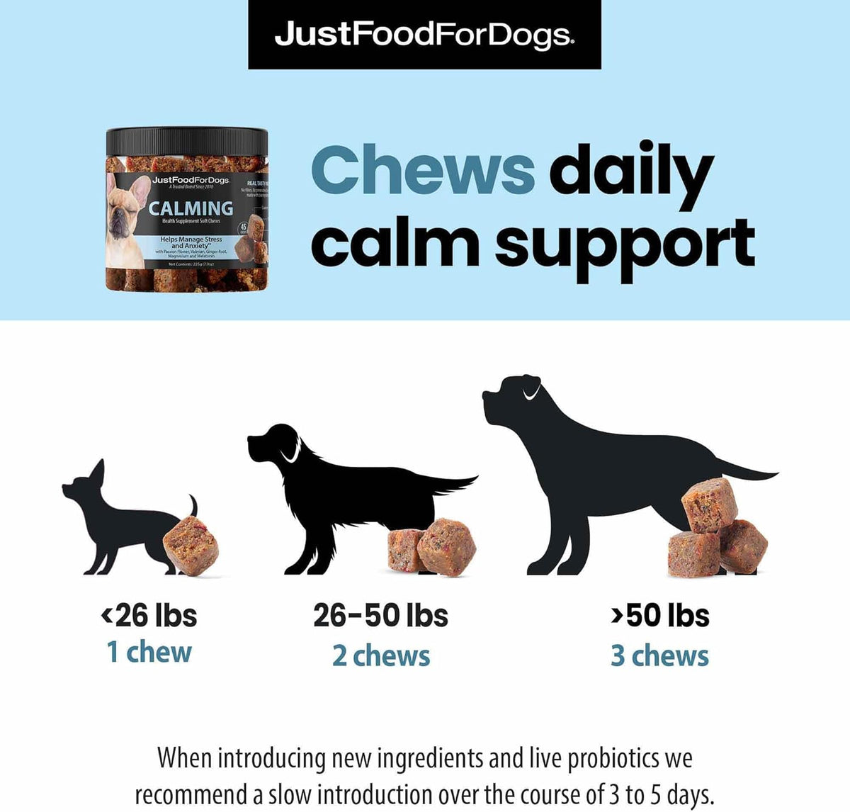 JustFoodForDogs Calming Supplement for Dogs Soft Chew to Support Stress and Anxiety, Melatonin