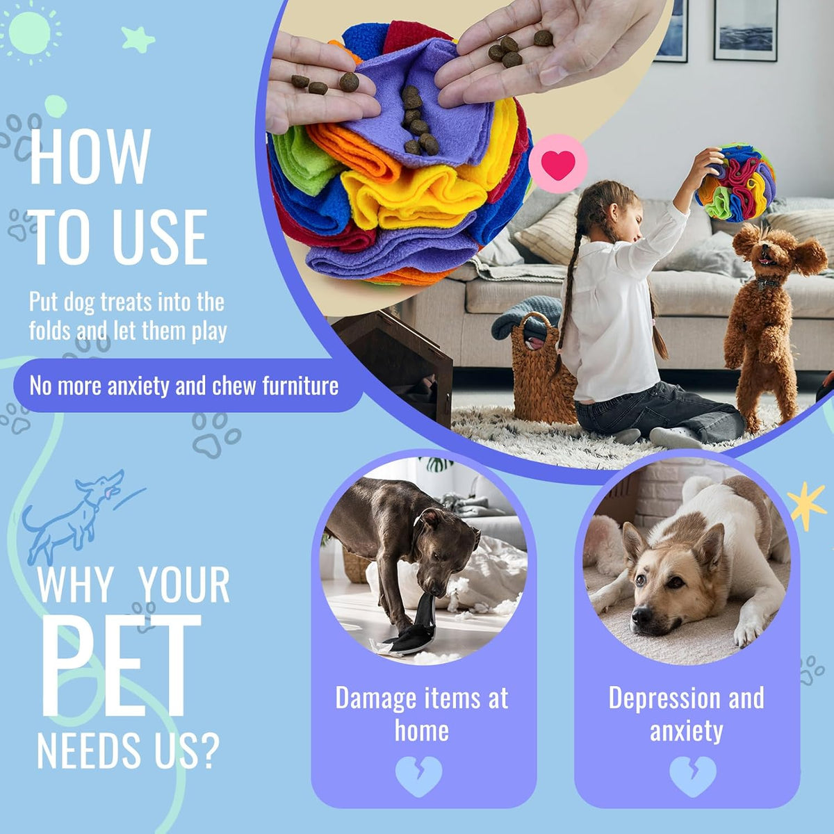 Pet Snuffle Ball, Puzzle Sniffing Interactive Dog Ball for Blind Dogs Training Stress Relief Dog