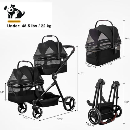 Foldable Double Pet Stroller for 2 Small Medium Cats Dogs, Lightweight Single and Double Integrated