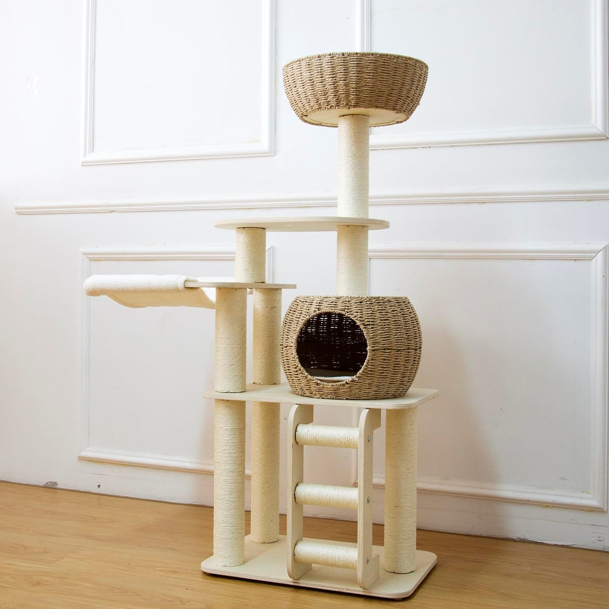54 Inch Cat Tree for Indoor Cats, Tall Wooden Cat Tower with Scratching Posts, Rattan Condo and