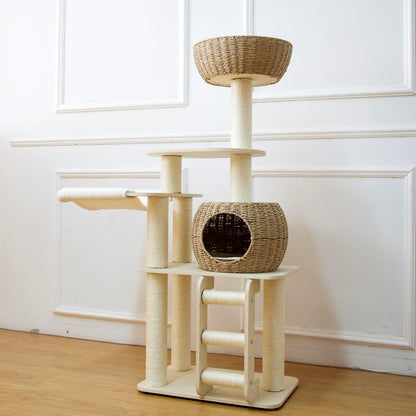 54 Inch Cat Tree for Indoor Cats, Tall Wooden Cat Tower with Scratching Posts, Rattan Condo and