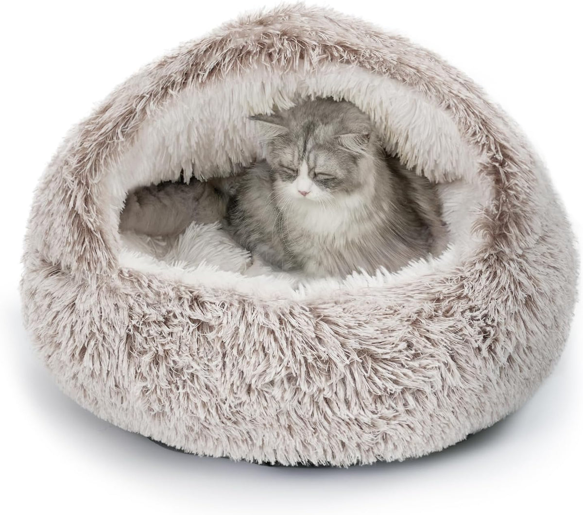 CATISM Plush Hooded Cat Bed, Calming Nest, Self-Warming Cave, Cozy Pod for Indoor Cats or Small