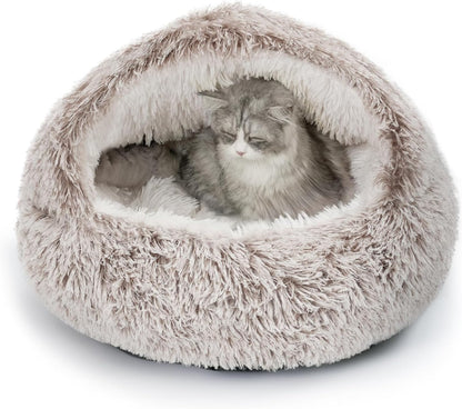 CATISM Plush Hooded Cat Bed, Calming Nest, Self-Warming Cave, Cozy Pod for Indoor Cats or Small