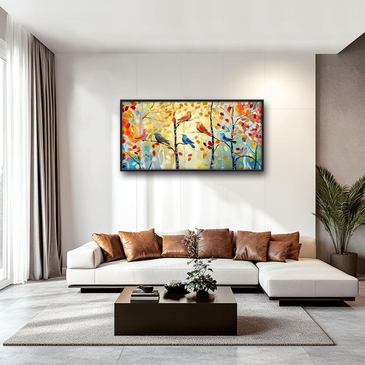 Extra Large Framed Abstract Bird Forest Wall Art,Colorful Birds Birch Tree Wall Decor Pictures for